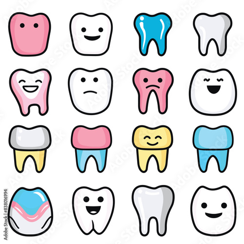 Cute cartoon teeth characters smiling, sad, braces, various emotions expressed. Dental health concept graphics, colorful tooth illustrations. Cartoon dentistry, joyful pained tooth expressions, oral