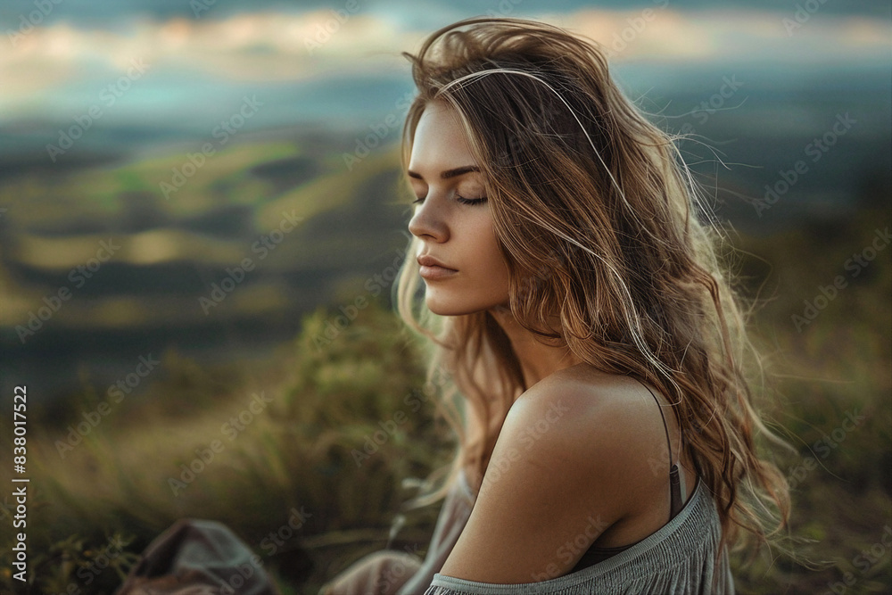 Relaxed yoga person meditating outdoors feel connection harmony with nature illustration made with Generative AI Relaxed yoga person meditating outdoors feel connection harmony with nature illustration made with Generative AI