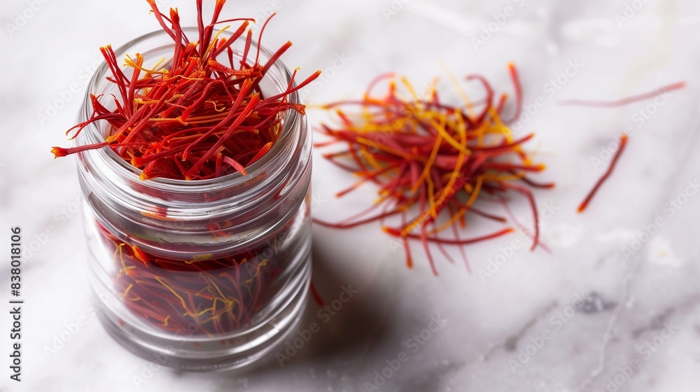 Naklejka premium A vibrant shot of fresh saffron threads in a small glass jar, with a few threads delicately laid out on a white marble surface.