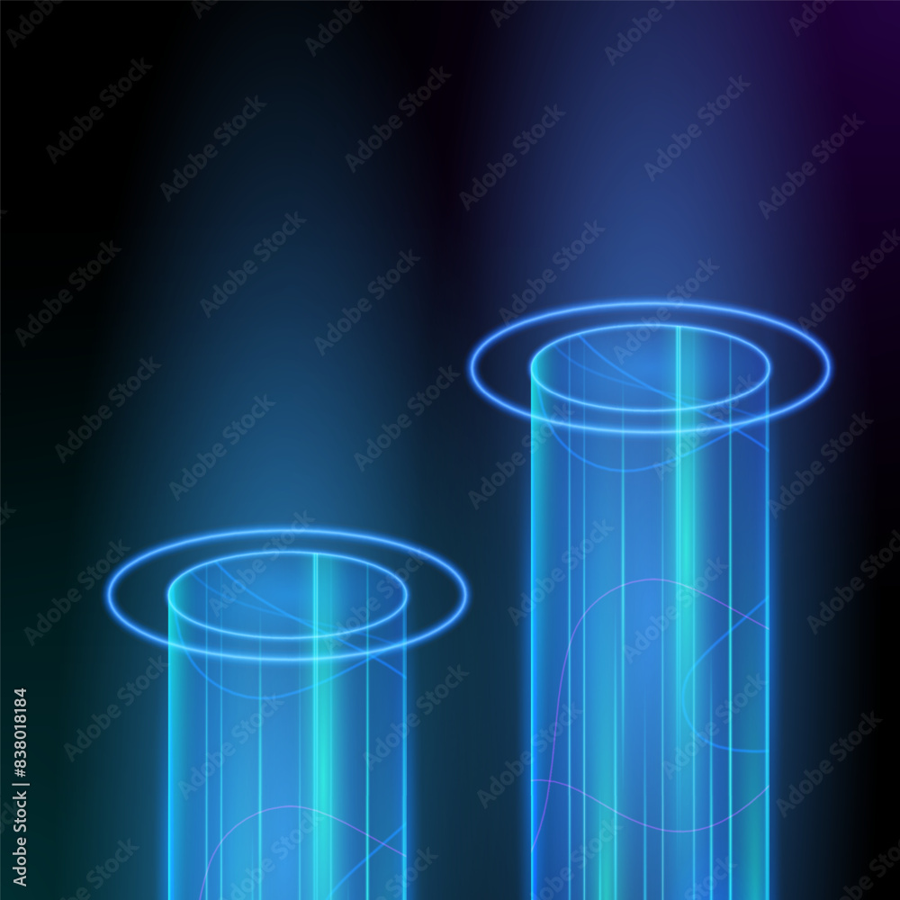 Vector round neon hologram portal with glowing light effect, pedestal with light effect Vector round neon hologram portal with glowing light effect, pedestal with light effect