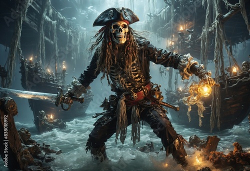A skeletal pirate, wielding a glowing cutlass, stands amidst a ghostly shipwreck, fog enveloping the air. photo