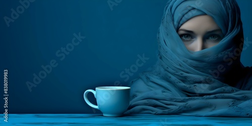 Blue Monday Sad face tea scarf blue background known as saddest day. Concept Blue Monday, Sadness, Tea, Scarf, Blue Background photo