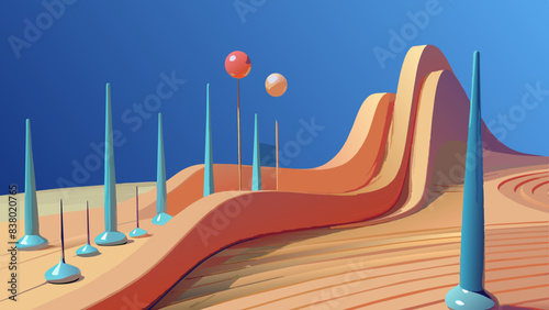 Surreal Desert Landscape with Vibrant Colors and Geometric Shapes