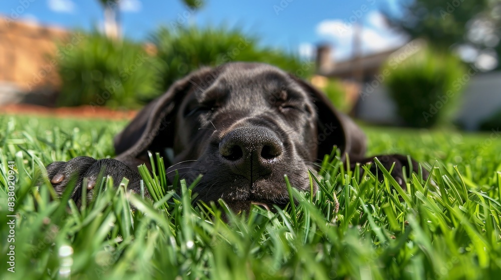 an adorable dark brown hound and black lab puppy lying down in a grass an adorable dark brown hound and black lab puppy lying down in a grass