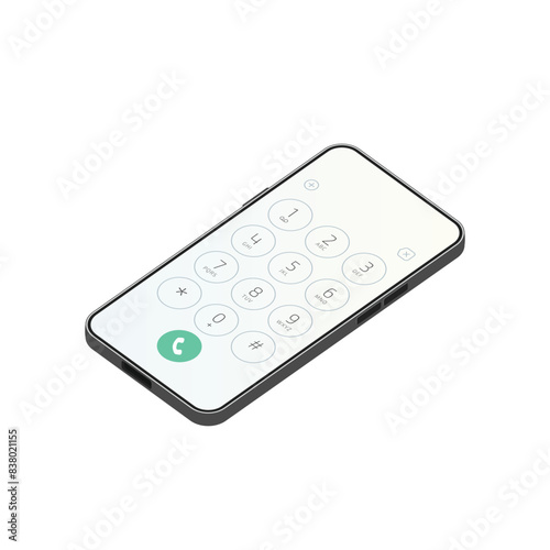 Keypad on smartphone. Mobile phone dial keypad with numbers and letters. Touch screen device in isometric view.