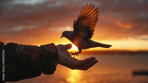 Pigeon's Graceful Landing in human hand at Sunset