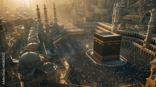 Aerial view of holy Kaaba in Mecca during Hajj pilgrimage, Islamic faith and tradition photo