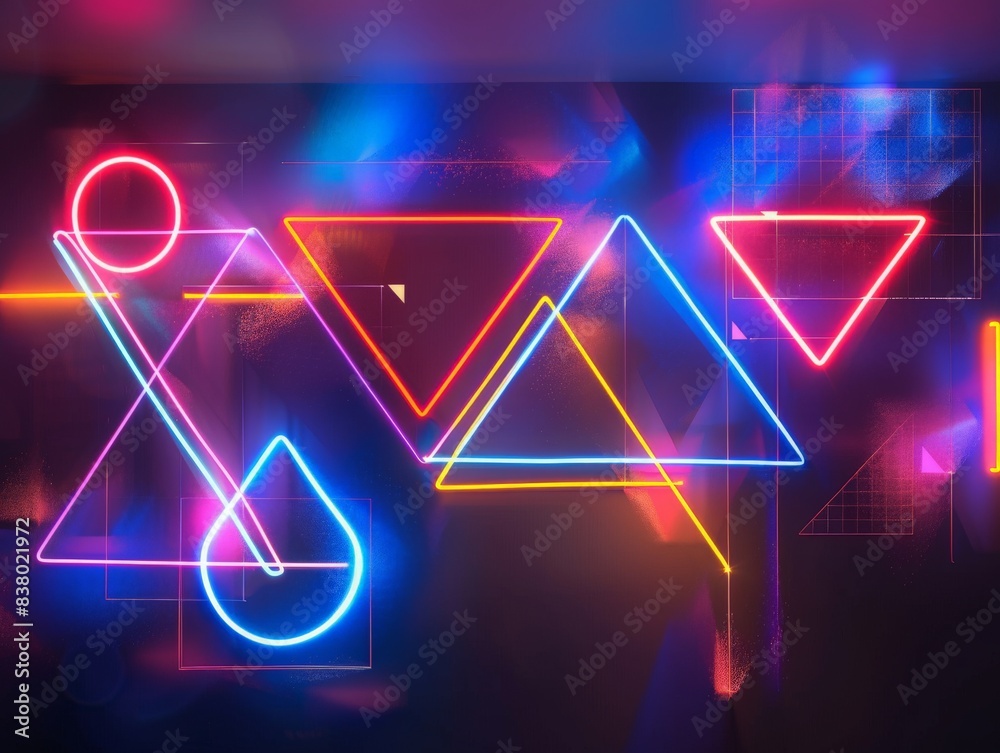 Abstract geometric shapes made of neon lights, featuring triangles, squares, and circles in a harmonious arrangement, glowing against a deep black backdrop Abstract geometric shapes made of neon lights, featuring triangles, squares, and circles in a harmonious arrangement, glowing against a deep black backdrop