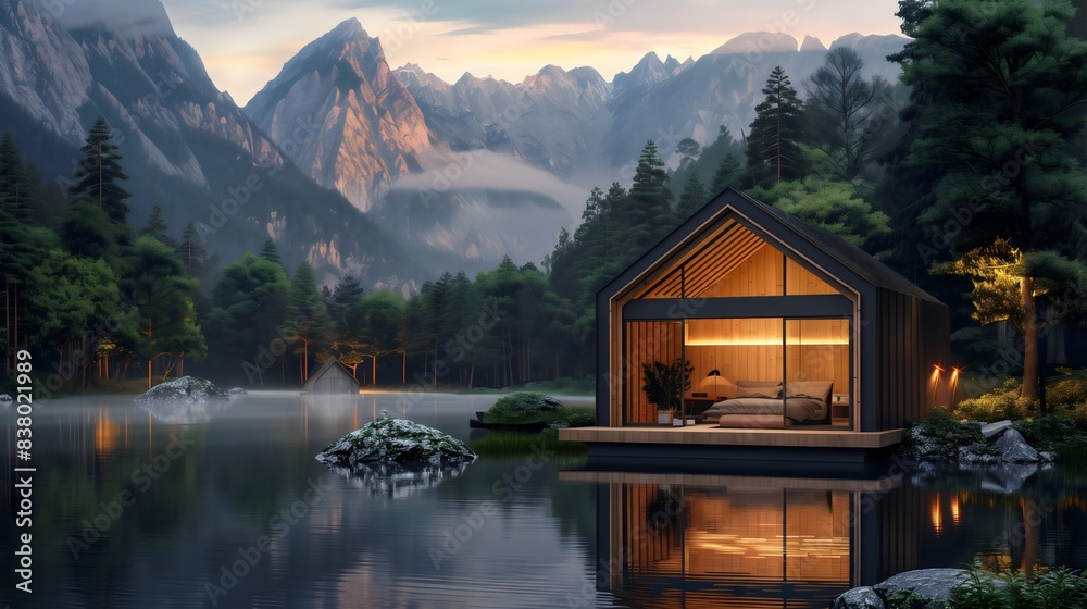 Fototapeta premium Secluded modern cabin nestled among majestic mountain peaks blending with nature, copy space