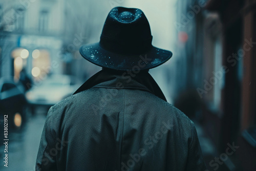 Mysterious man in trench coat under the rain at night in style of film 80s generative AI