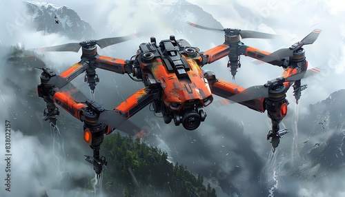 Futuristic drone flying over a mountain range with clouds.