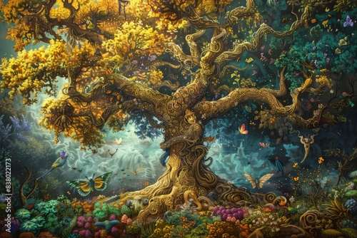 Wallpaper Mural Ancient tree of life with intricate carvings on its trunk and branches, surrounded by mythical creatures and a vibrant, lush landscape  Torontodigital.ca