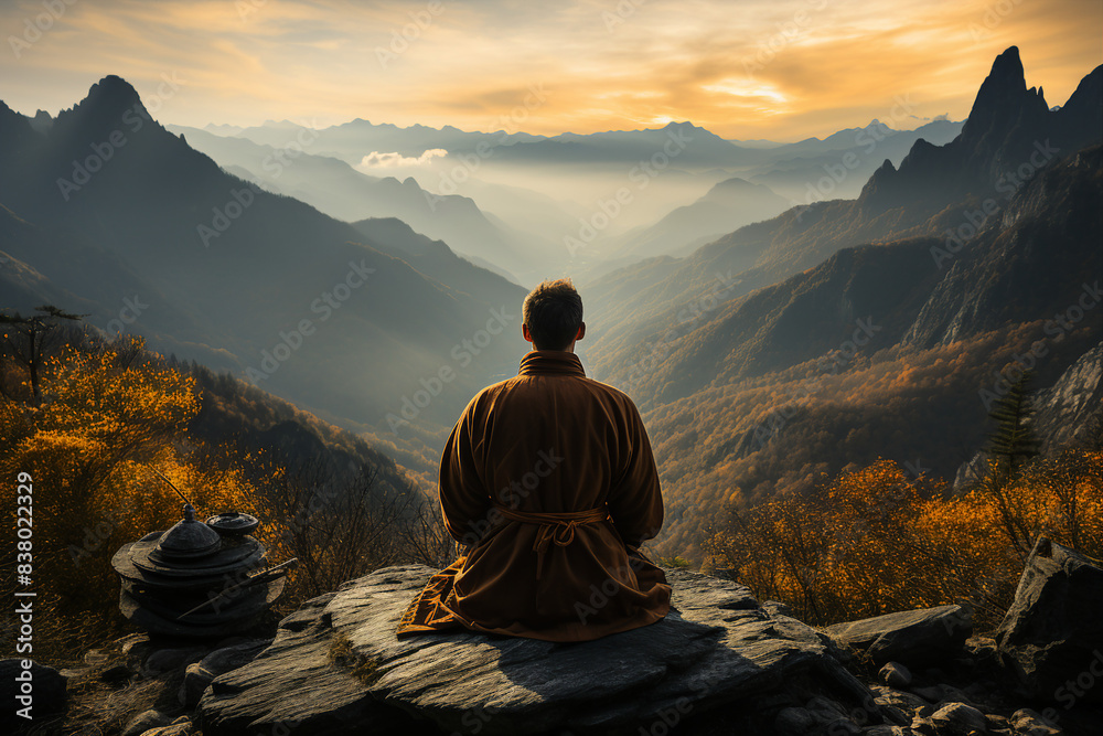 Obraz premium Created with generative AI image rear view of person finding inner peace meditating in mountains early morning