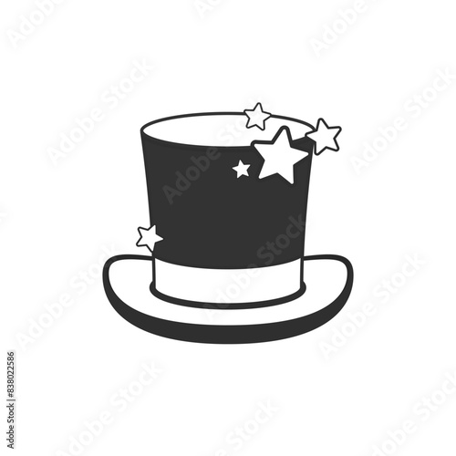 Magic hat icon isolated on white background. Black cylinder hat with ribbon. Retro tophat in flat style.