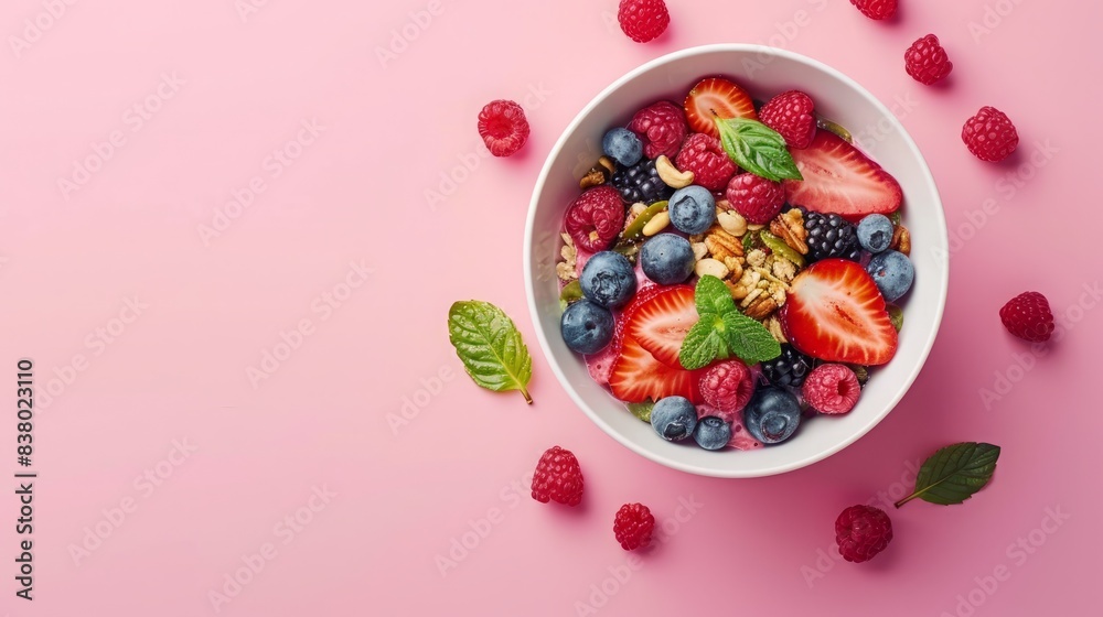 Acai bowl, chia food with fruit, healthy organic food, on a blank pink background Acai bowl, chia food with fruit, healthy organic food, on a blank pink background