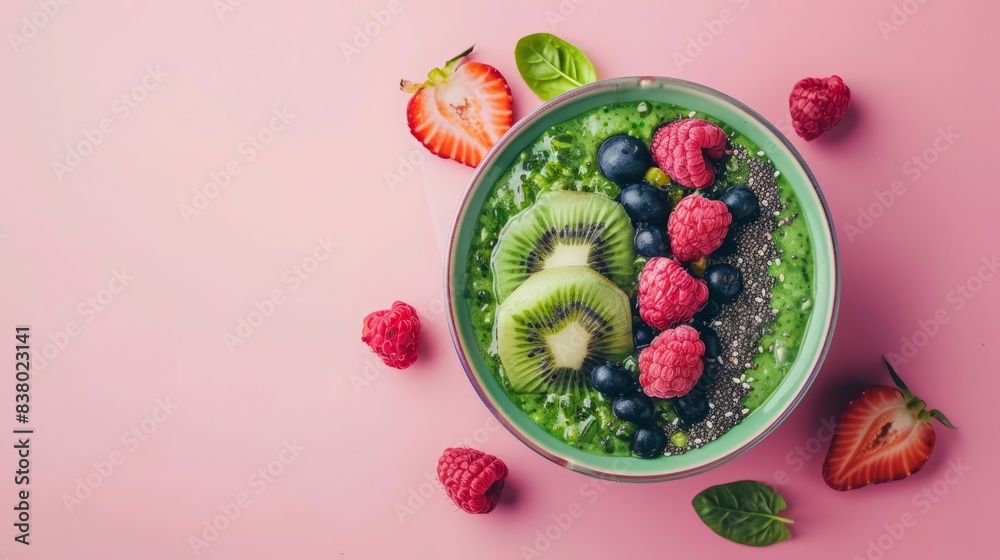 Acai bowl, chia food with fruit, healthy organic food, on a blank pink background Acai bowl, chia food with fruit, healthy organic food, on a blank pink background