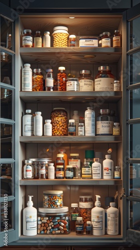 Comprehensive Medical Cabinet. Well organized medical cabinet filled with various bottles and containers of medication.