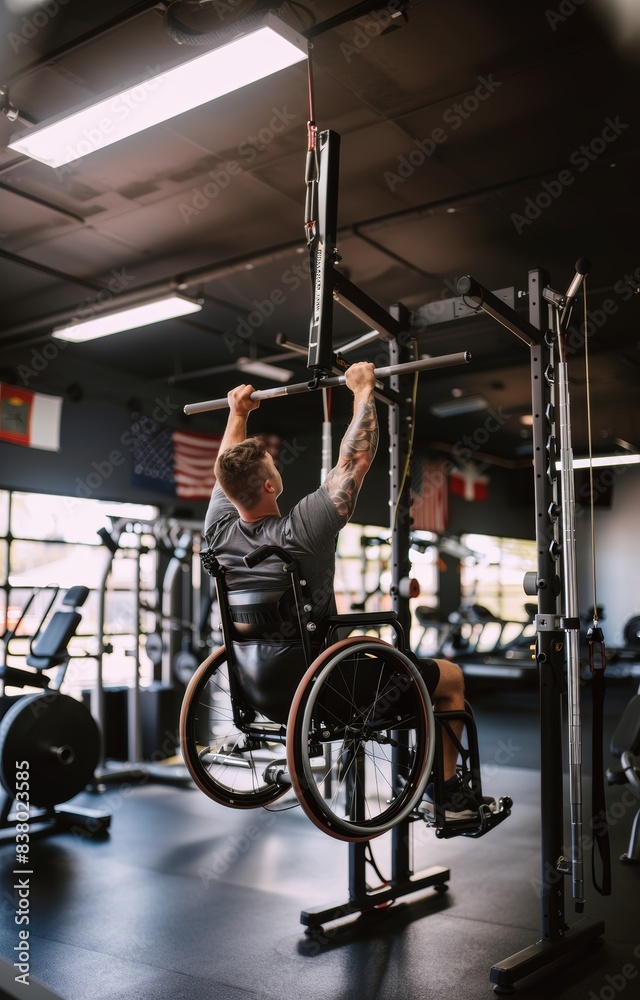 Naklejka premium Adaptive Fitness. Muscular man in a wheelchair actively training in fitness gym. Physiotherapy and rehabilitation