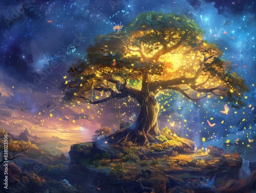 Knowledge tree depicted in a fantasy landscape  with glowing leaves and mythical creatures  symbolizing the magical and boundless nature of wisdom 