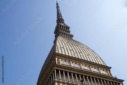 TURIN, ITALY - SEP 14, 2019: The Mole Antonelliana is a landmark of the Italian city of Turin. The pavilion-like building with its high, strongly tapering tower was built between 1863 and 1889