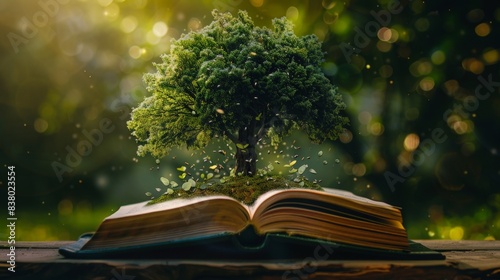 Knowledge tree with leaves that turn into pages of an open book, illustrating the continuous cycle of learning and the eternal quest for understanding  photo