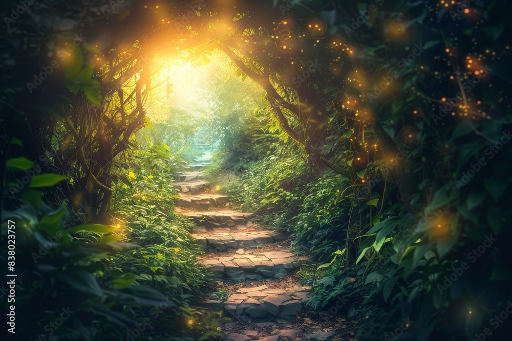 Fototapeta premium Magical wonderland forest path leading to a hidden, glowing grotto, surrounded by lush greenery and illuminated by soft, ethereal light 
