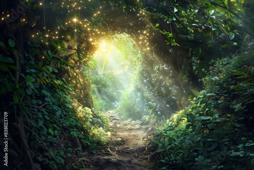 Magical wonderland forest path leading to a hidden  glowing grotto  surrounded by lush greenery and illuminated by soft  ethereal light 