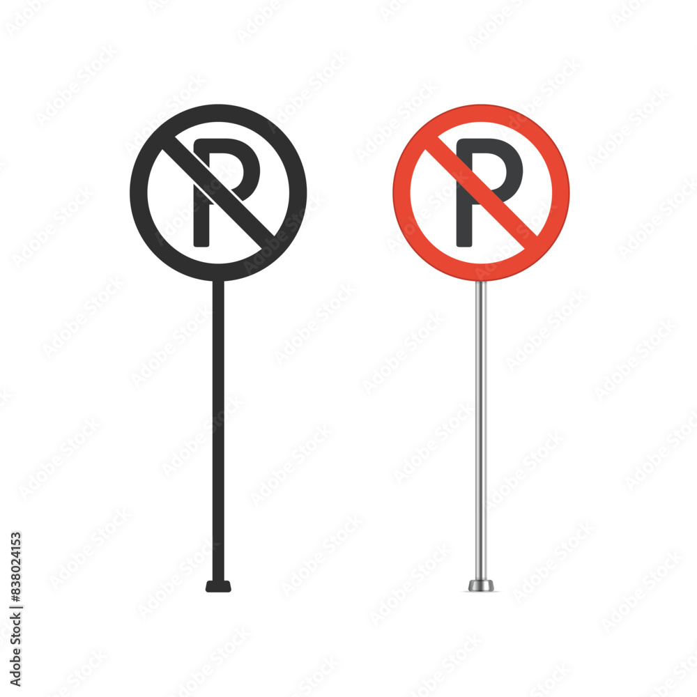 No parking, red and monochrome round sign. Traffic parking ban symbol. No parking, red and monochrome round sign. Traffic parking ban symbol.