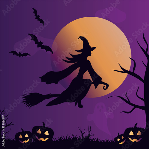 halloween witch on a broom silhouette over a purple dark night sky, spooky vector illustration