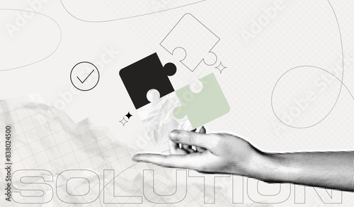 Trendy Halftone Collage Hand holding puzzles pieces together. Teamwork concept. Business idea and solution. Partnership relationship. New startup. Career development. Vector contemporary art