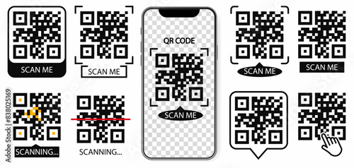 Qr code icon collection in black. Scan me code template. Digital scanning qr code. QR code sample for smartphone scanning