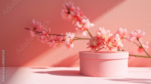 Pink blossoms frame a moment of gift giving, emphasizing the beauty of sharing and seasonal changes