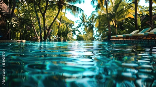 pool in resort with tropics in blue-green tones