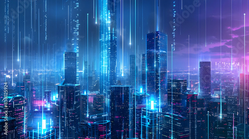 Futuristic cityscape with neon lights and digital data streams, illustrating advanced technology and cyberpunk aesthetics. © sornram