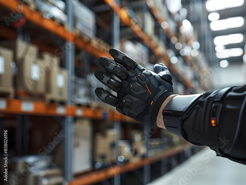 Robotic hand reaches for inventory in a modern warehouse, showcasing advanced technology and automation in logistics and industry.