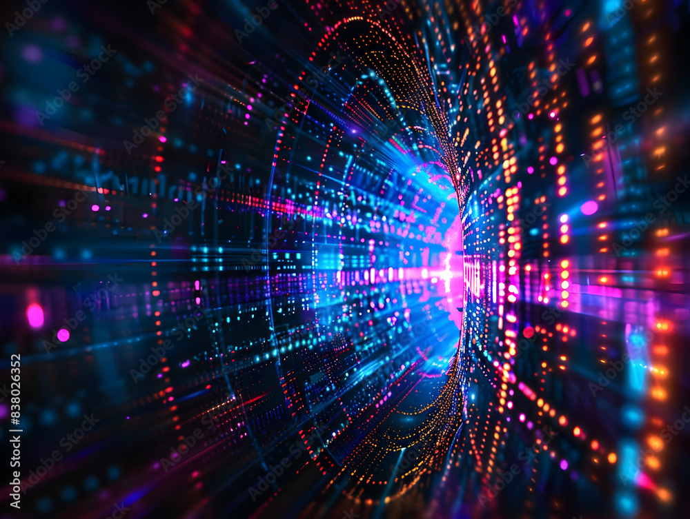 Vibrant digital tunnel with dynamic light trails and geometric patterns, representing speed, technology, and data flow in a futuristic atmosphere. Vibrant digital tunnel with dynamic light trails and geometric patterns, representing speed, technology, and data flow in a futuristic atmosphere.