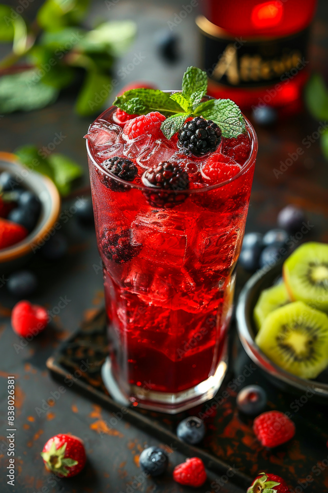 Berry cocktail with fresh mint and ice on dark background Berry cocktail with fresh mint and ice on dark background