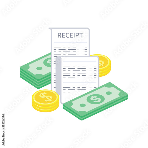 Receipt icon with money in a flat style isolated on a colored background. Invoice sign. Bill atm template or restaurant paper financial check. Concept Paper receipts icons.