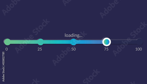 Progress load bar. Indicator of status download. Graphic icons of interface. Neon buttons of speed of upload. Web loaders with percent. Futuristic UI for website, game, internet