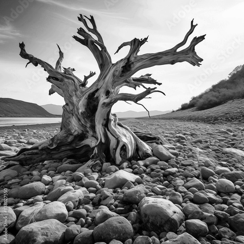Dried tree in the stoney dried river. Generative AI