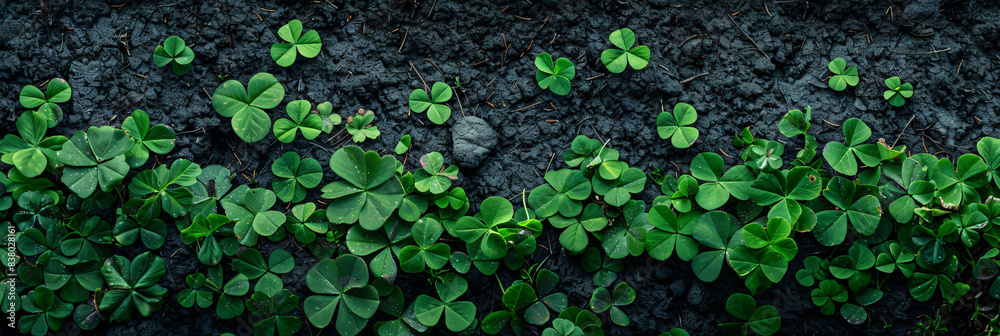 Shamrock leaf pattern, St Patrick's Day concept, top view. Flat lay with green clover leaf background. Shamrock leaf pattern, St Patrick's Day concept, top view. Flat lay with green clover leaf background.