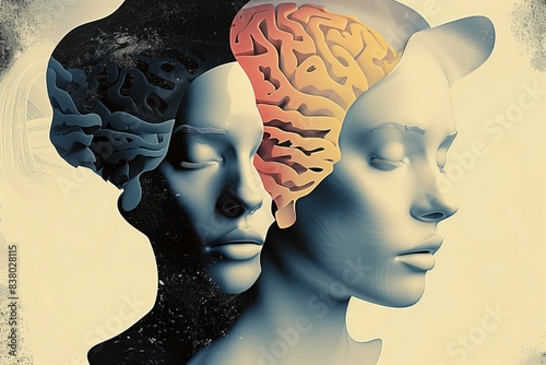 Two heads surrounded by abstract brain shapes, suggesting the introspective nature of bipolar disorder therapy 