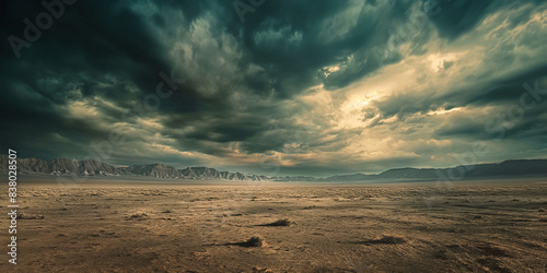 a vast desert landscape with dramatic clouds photo