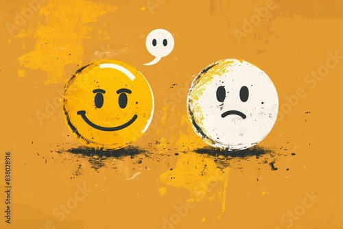 Illustration of a cheerful smiley emoticon paired with a somber sad face, highlighting the spectrum of feelings people experience. 