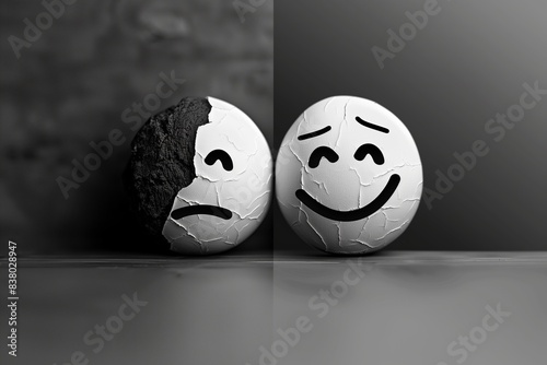 A pair of emoticons captured in monochrome, one exuding happiness, the other conveying sadness, offering a visual representation of emotional balance