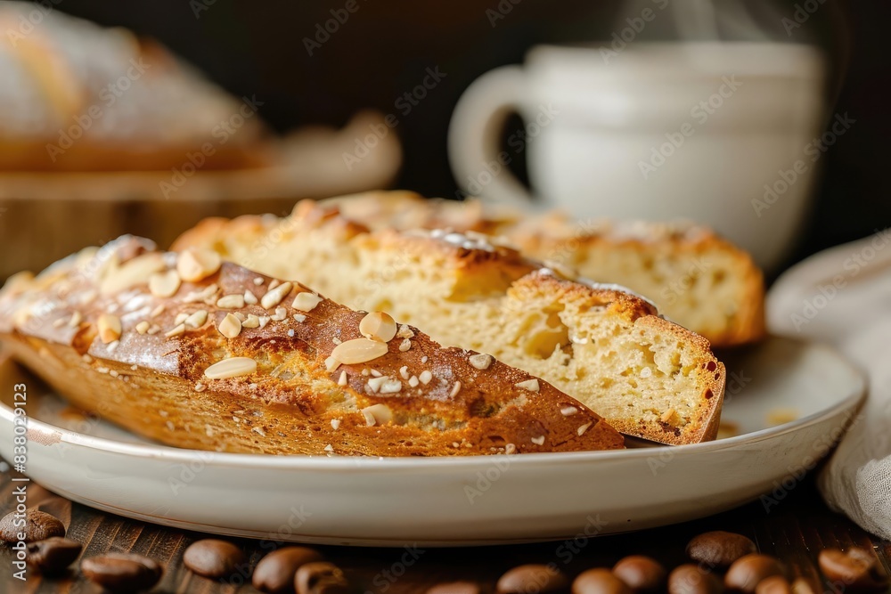 Close-up of freshly baked biscotti with almonds on a ceramic plate, accompanied by a white coffee cup in the background. Close-up of freshly baked biscotti with almonds on a ceramic plate, accompanied by a white coffee cup in the background.