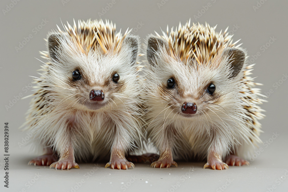 Two cute hedgehogs are sitting next to each other on gray background. Two cute hedgehogs are sitting next to each other on gray background.