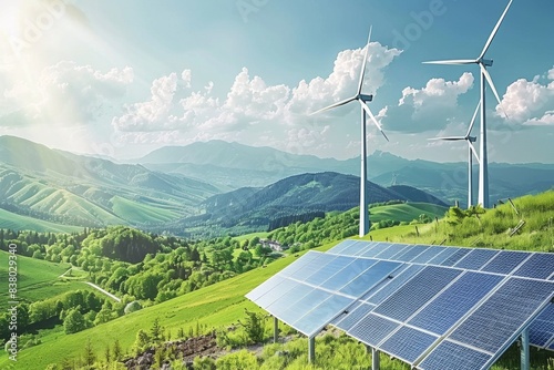 concept of sustainable power - solar panels and wind turbines in a scenic, green landscape under a clear blue sky photo