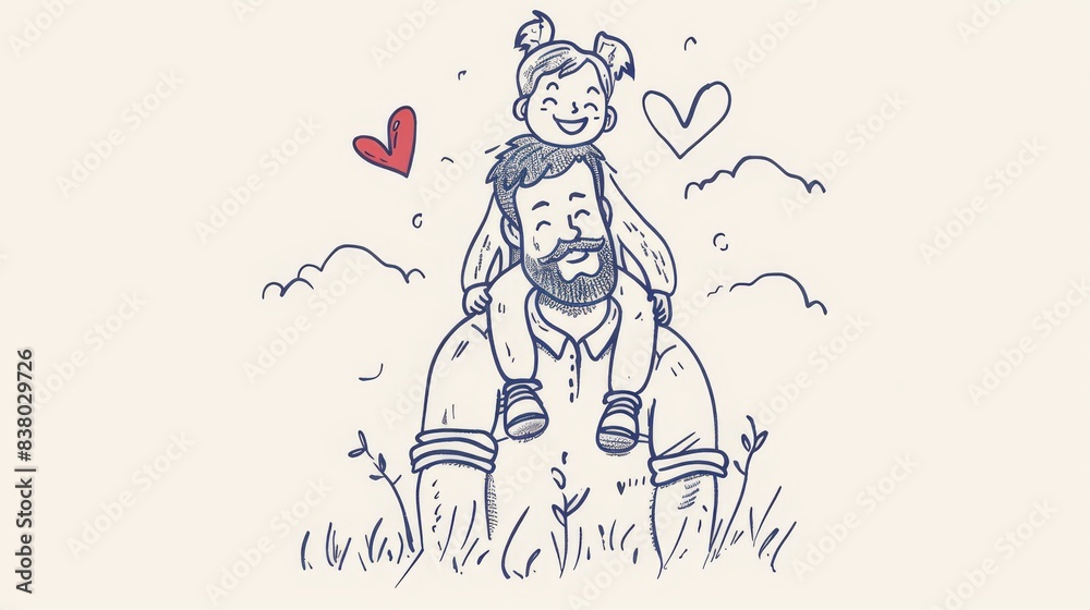 illustration on a Father's Day theme, a child sitting on his father's shoulders, drawn by hand on beige background illustration on a Father's Day theme, a child sitting on his father's shoulders, drawn by hand on beige background