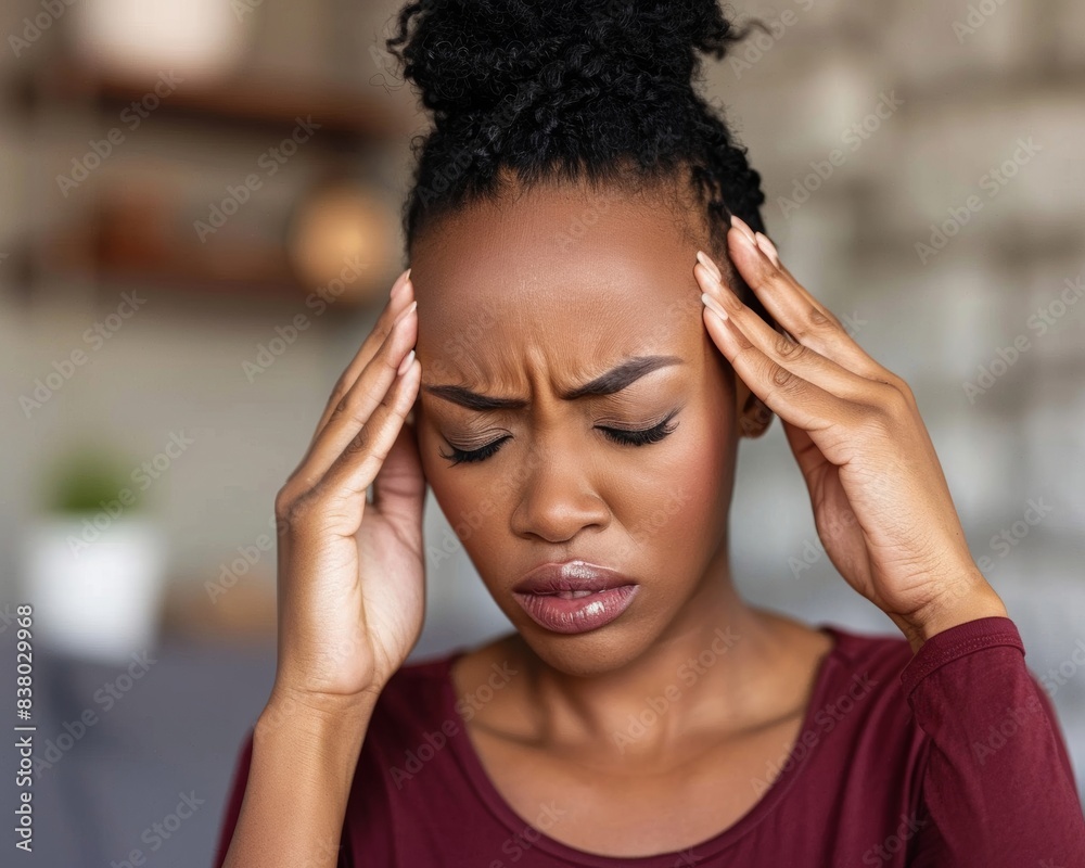 Fototapeta premium A woman rubs her temples with a pained expression. This indicates both headaches and fatigue.
